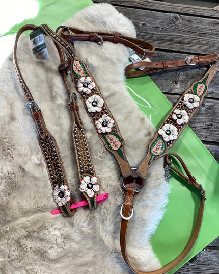 Western one Ear Headstall & Breast Collar Poppy