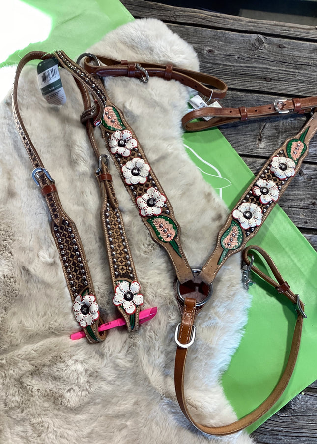 Western one Ear Headstall & Breast Collar Poppy