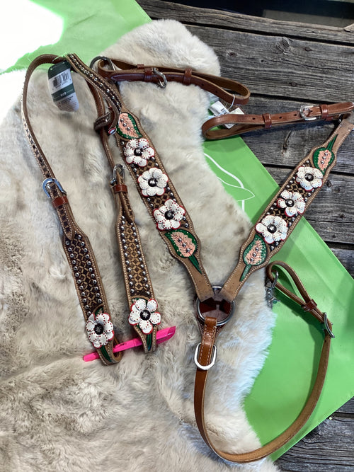 Western Headstall & Breast Collar Set – One Ear, Poppy Design | New