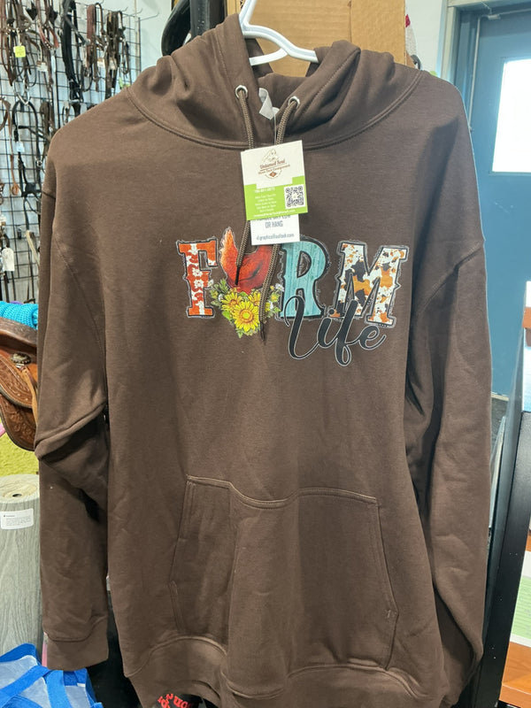 Hoodie – Farm Life, Brown, Medium | New with Tags
