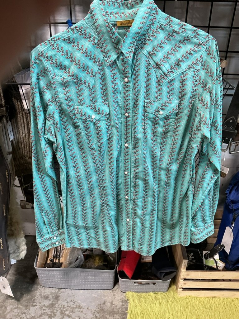 Western Shirt Ladies Wrangler Size Medium Teal Pattern