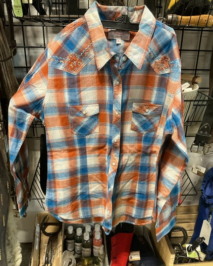 Shirt Womens Panhandle Size Large Blue/Orange Plaid