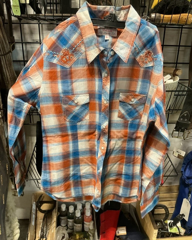 Shirt Womens Panhandle Size Large Blue/Orange Plaid