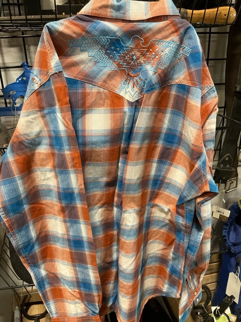 Shirt Womens Panhandle Size Large Blue/Orange Plaid