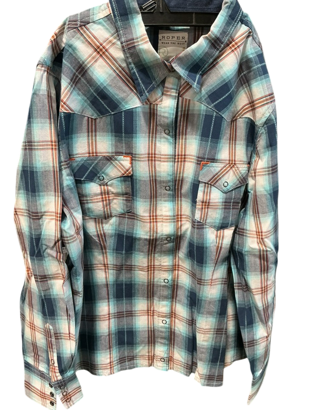 Shirt Womans Roper Size Large Blue/Orange Plaid