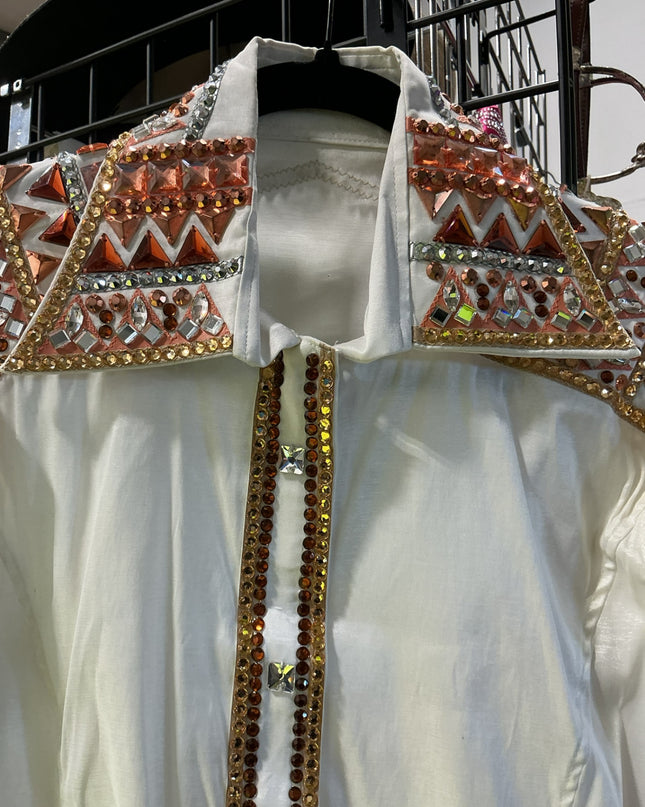 Show Shirt Rail Shirt. Ladies Medium. White/Rhinestones