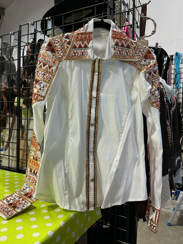 Western Show Shirt – Ladies Rail Shirt, White with Rhinestones, Medium | Used, Very Good