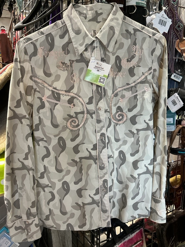 Western Shirt – Cowgirl Tuff, Brown Camo, Medium | Used, Very Good