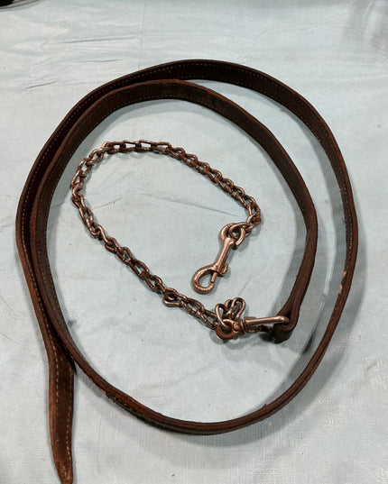 Lead Line Brown Leather with Chain Decorative Stitching. (Rust on Chain)