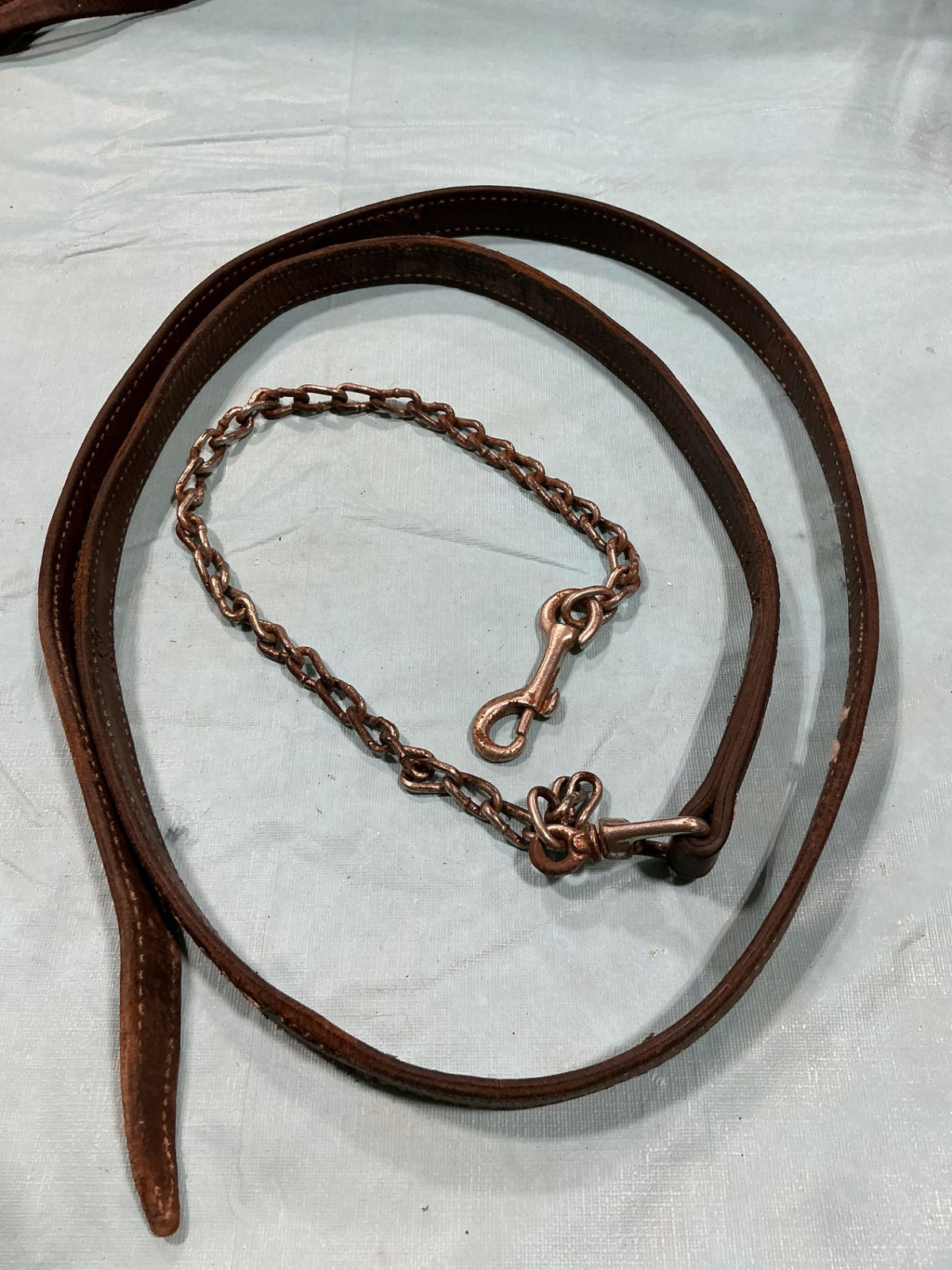 Lead Line Brown Leather with Chain Decorative Stitching. (Rust on Chain)