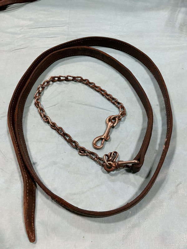 Lead Rope – Brown Leather with Chain, Decorative Stitching (Rusty Chain) | Used, Acceptable