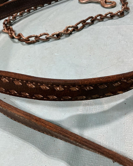 Lead Line Brown Leather with Chain Decorative Stitching. (Rust on Chain)
