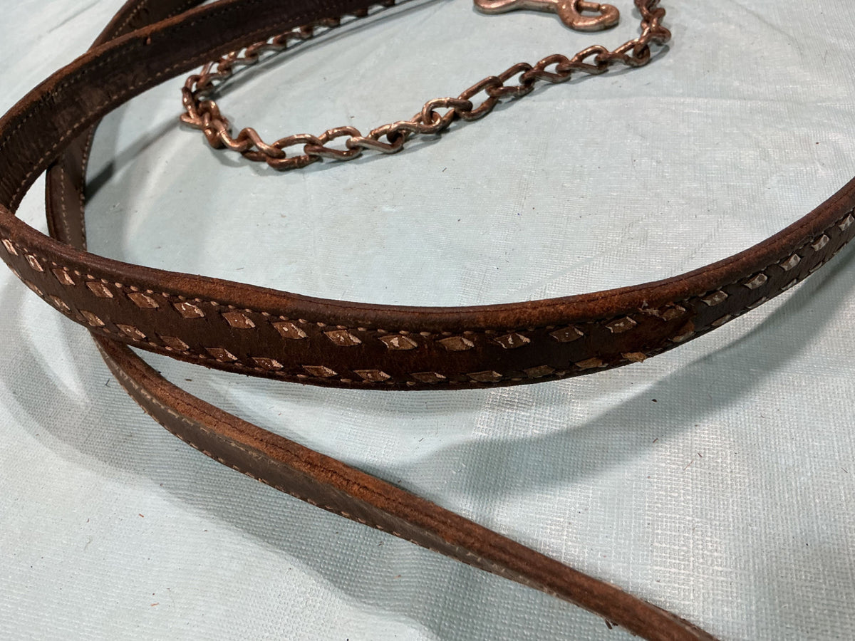 Lead Line Brown Leather with Chain Decorative Stitching. (Rust on Chain)
