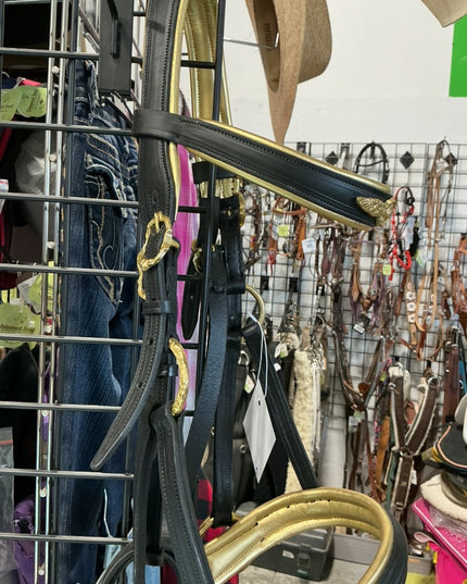 English Bridle & Bitless Bridle & Reins & Breast Plate Black Gold SET 