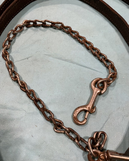 Lead Line Brown Leather with Chain Decorative Stitching. (Rust on Chain)