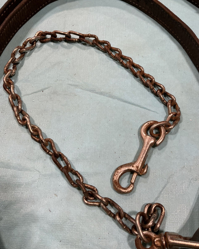 Lead Line Brown Leather with Chain Decorative Stitching. (Rust on Chain)