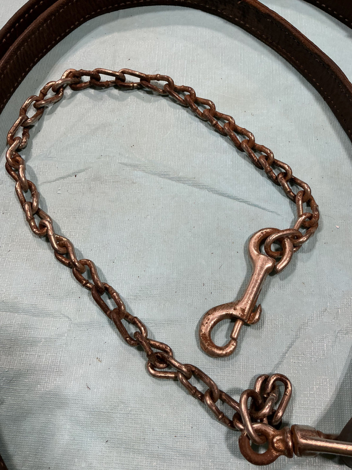 Lead Line Brown Leather with Chain Decorative Stitching. (Rust on Chain)