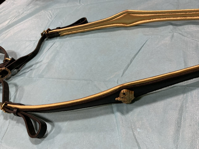 English Bridle & Bitless Bridle & Reins & Breast Plate Black Gold SET 