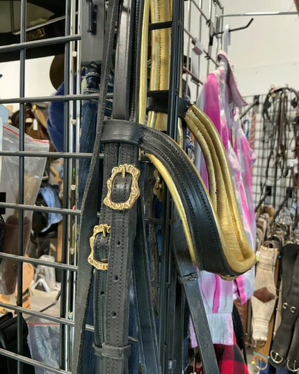 English Bridle & Bitless Bridle & Reins & Breast Plate Black Gold SET 
