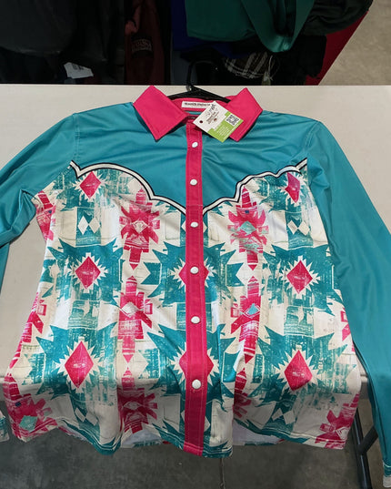 Western Shirt Medium Teal/Pink Ranch Dressn