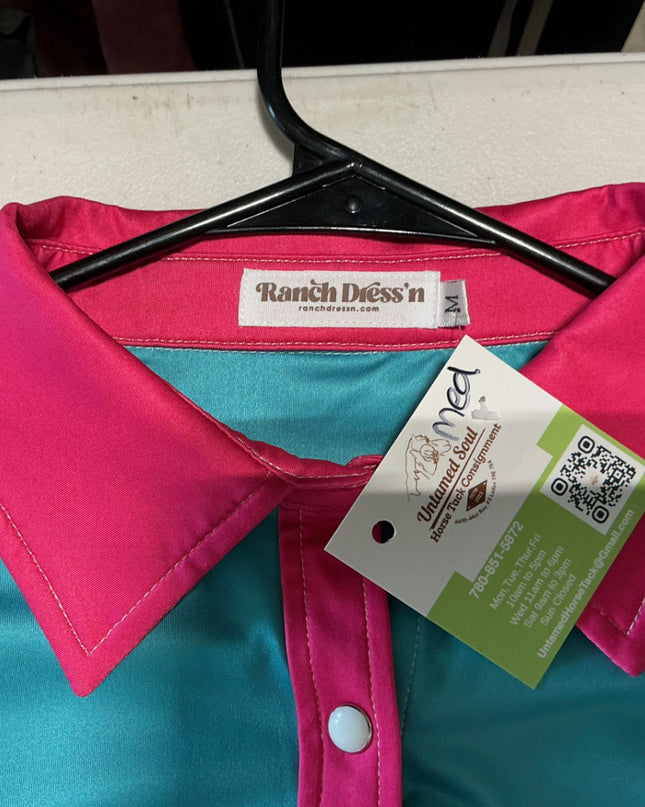 Western Shirt Medium Teal/Pink Ranch Dressn