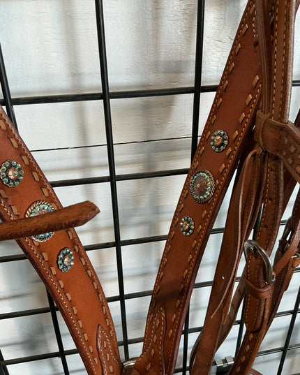 Western Headstall & Breast Collar Teal Conchos