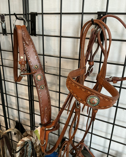 Western Headstall & Breast Collar Teal Conchos