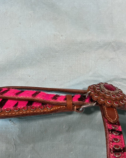 Breast Collar/Headstall Set. Pink Zebra 