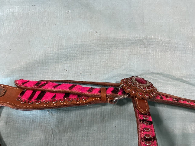 Breast Collar/Headstall Set. Pink Zebra 