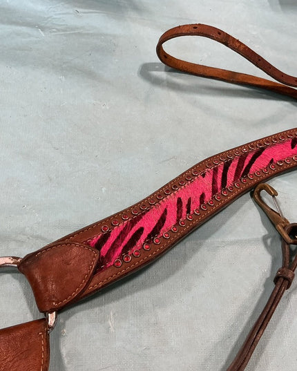Breast Collar/Headstall Set. Pink Zebra 
