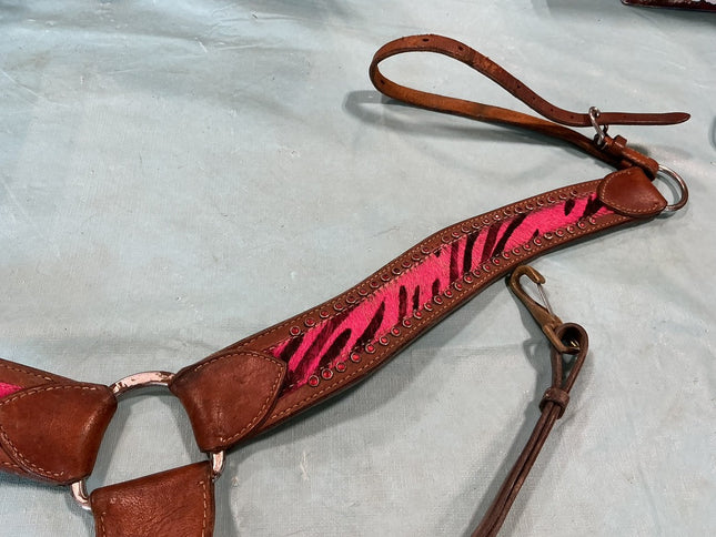 Breast Collar/Headstall Set. Pink Zebra 