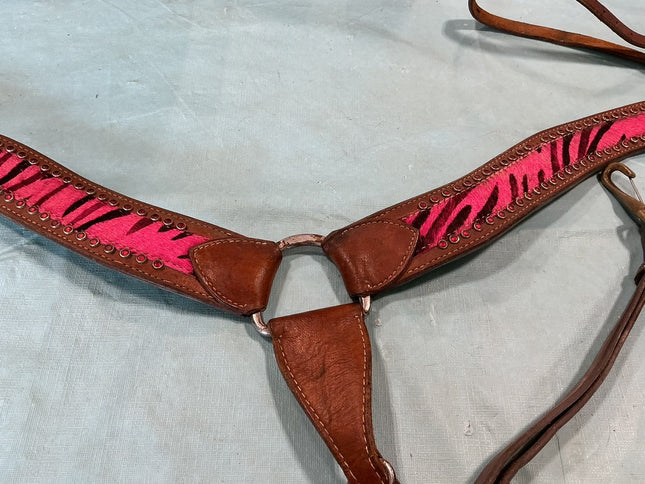 Breast Collar/Headstall Set. Pink Zebra 