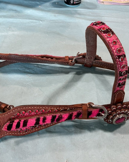 Breast Collar/Headstall Set. Pink Zebra 