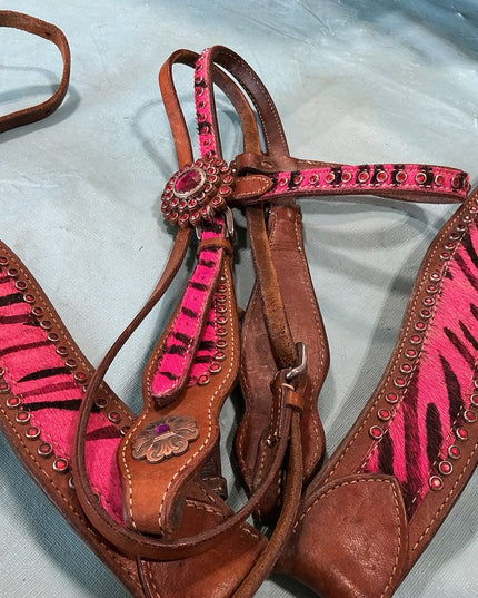 Breast Collar/Headstall Set. Pink Zebra 