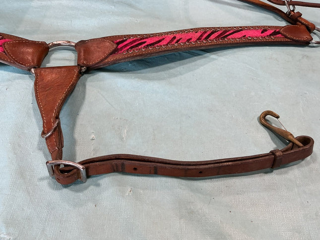 Breast Collar/Headstall Set. Pink Zebra 