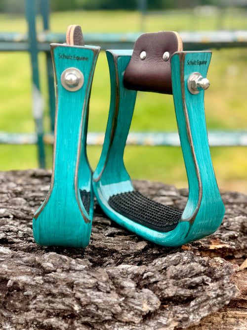 Western Stirrups – Schulz Equine Wooden, Turquoise Barrel Racing Style | New