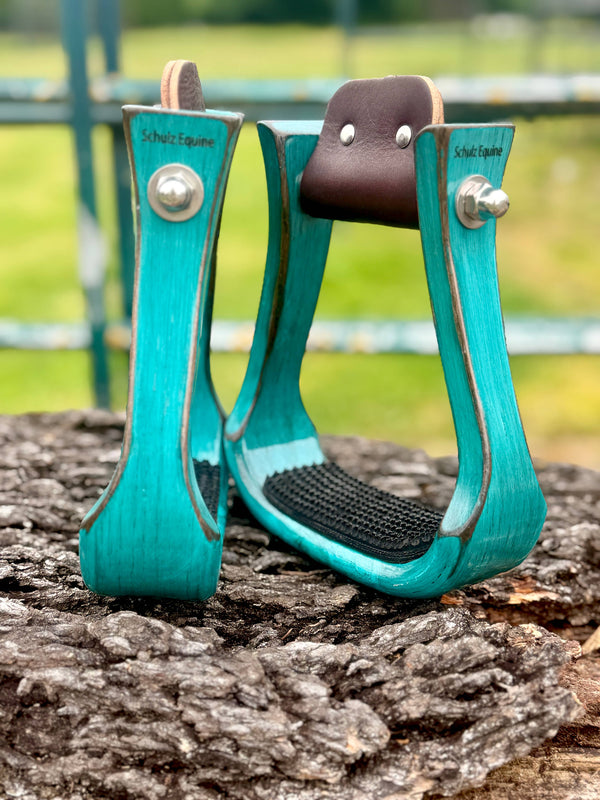 Western Stirrups – Schulz Equine Wooden, Turquoise Barrel Racing Style | New