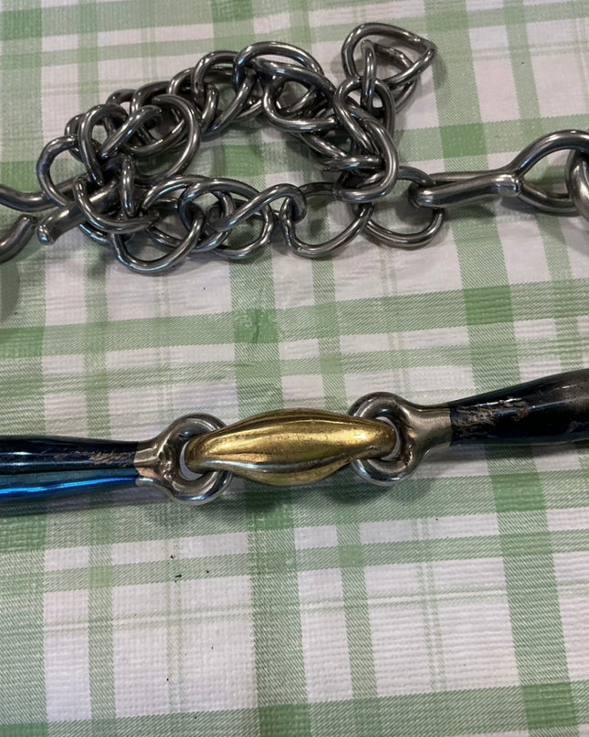 BLUE SWEET IRON PELHAM WITH BRASS LOZENGE