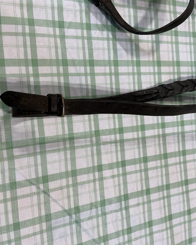 english bridle black leather with bit and reins attached 