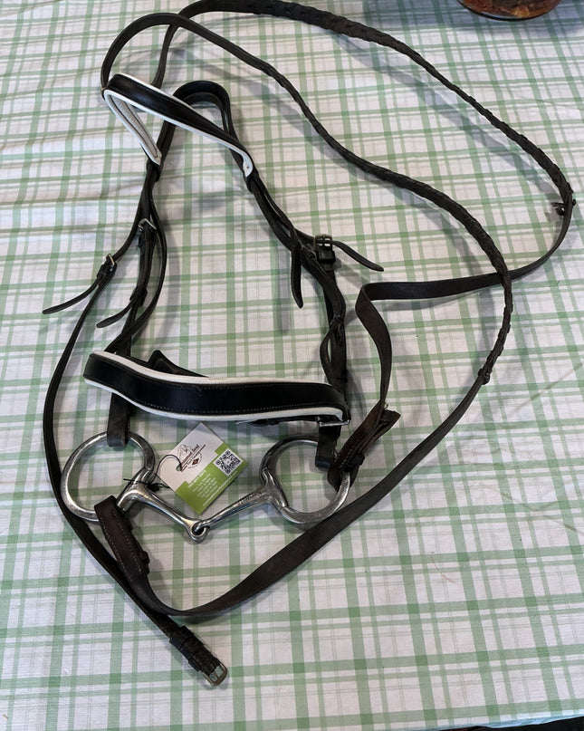english bridle black leather with bit and reins attached 