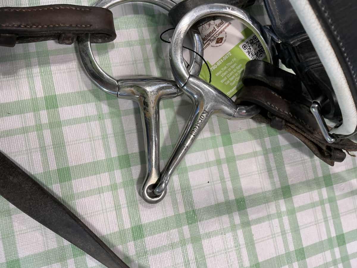 english bridle black leather with bit and reins attached 