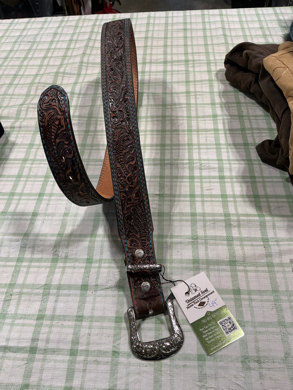 Belt – Double J Saddlery, Brown Leather, Teal Stitching, 44" | Used, Very Good