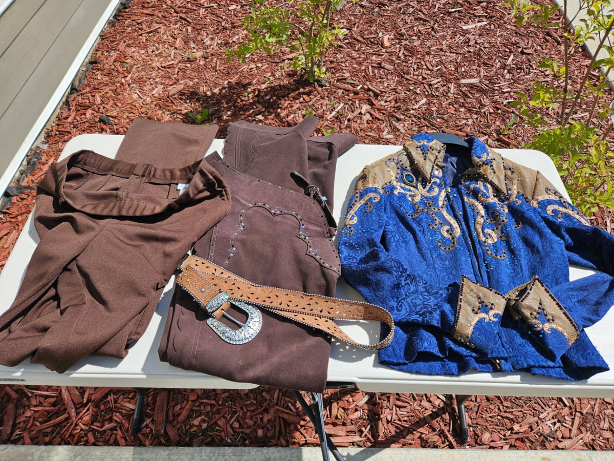 Western Show Set – Brown Jacket (M), Pants (L) & Chaps (32) | Used