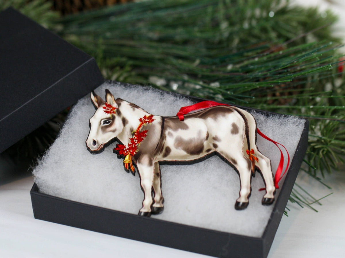 Ornament – Miniature Donkey, Spotted Grey/White | New