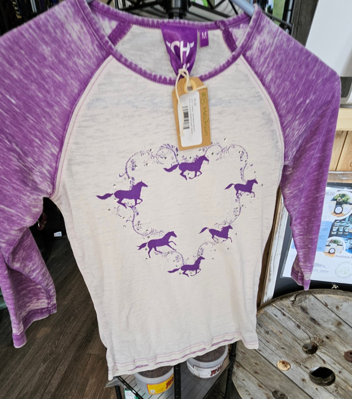 Western Shirt – Cowgirl Hardware, White/Purple Sleeves, Medium | Used
