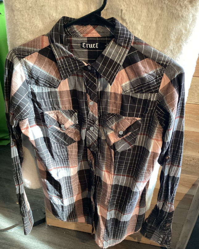 Western Shirt – Cruel Girl, Black/Grey/Pink Stripe, Medium | Used
