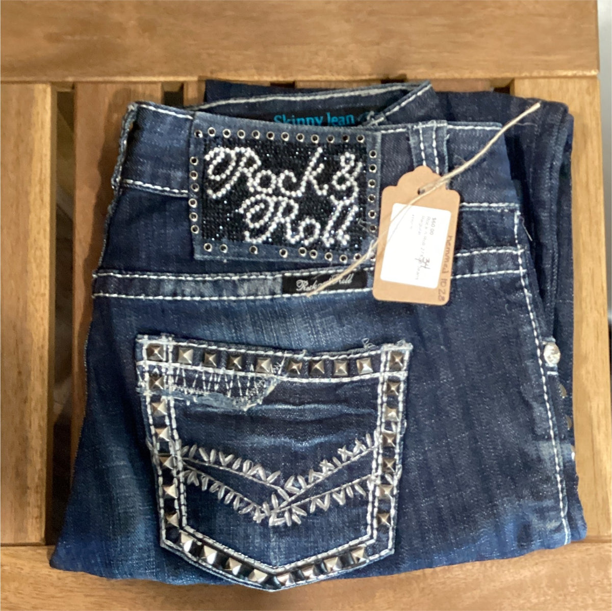 Jeans – Rock n Roll, Dark Blue Studded, 27 x 28 | Used