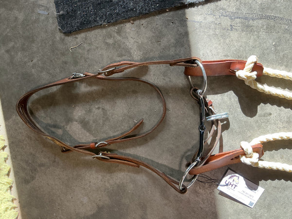 Western 1-Ear Bridle – Brown Leather with 5" Snaffle Bit, Rope Reins & Lead, Horse | Used, Very Good